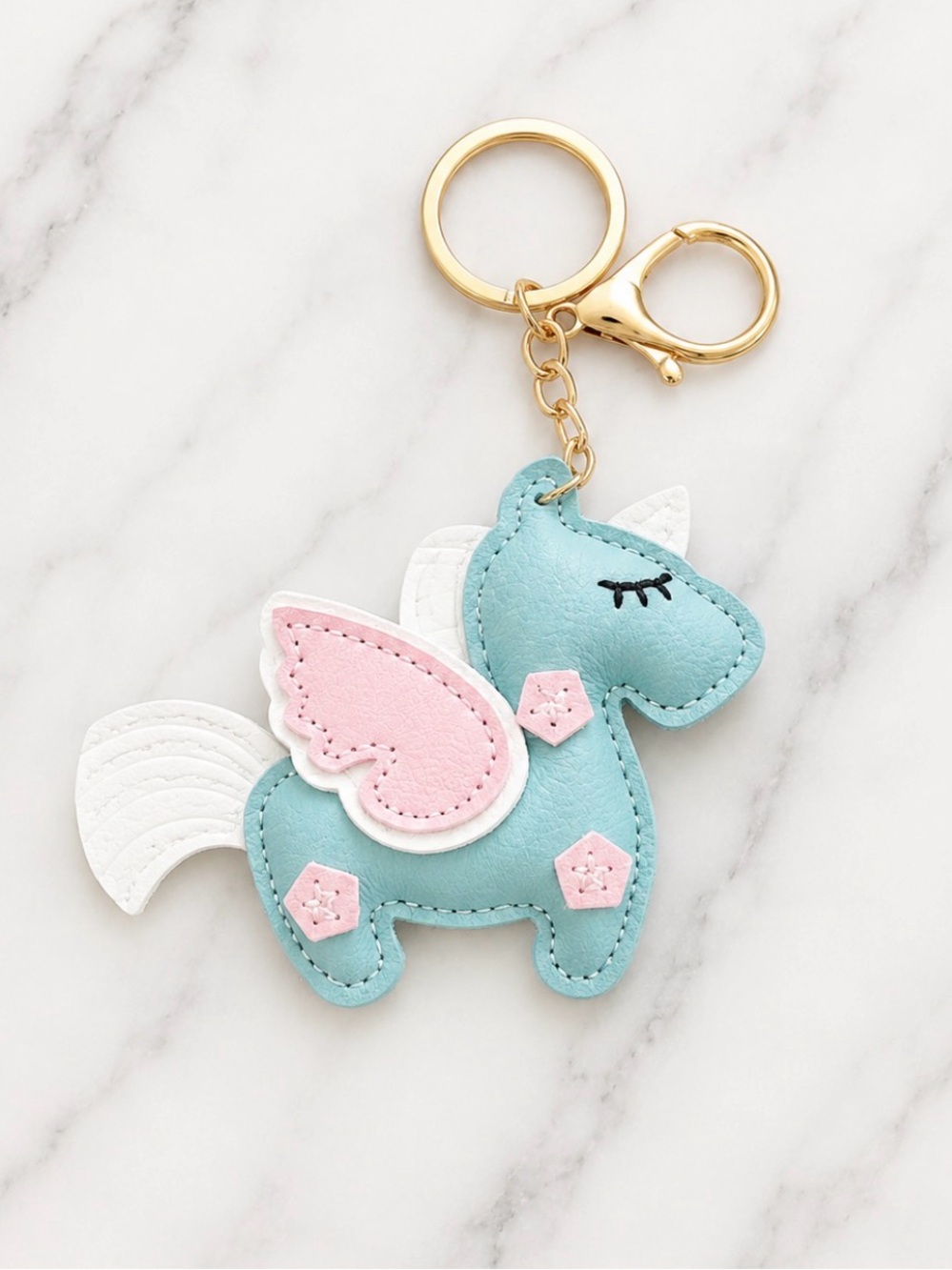 Bag Charm/Keyring-Blue Unicorn PU Leather Charm with Pink Accents-Gold Hardware